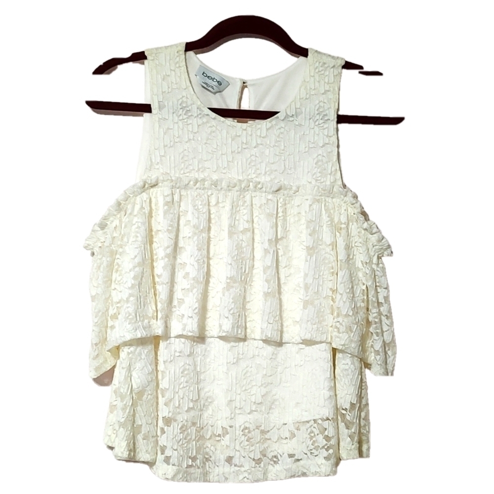 Bebe White Lace Cold Shoulder Top Size SP
